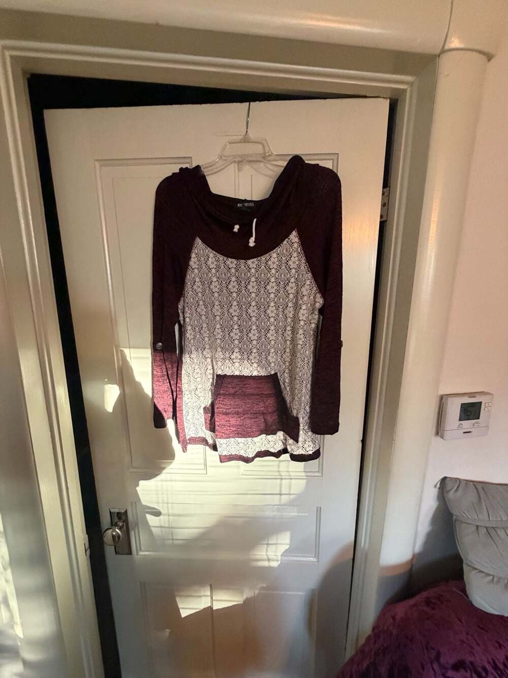 Miss Chievous Women's Burgundy Hooded Sweater with Lace Overlay and Kangaroo Poc